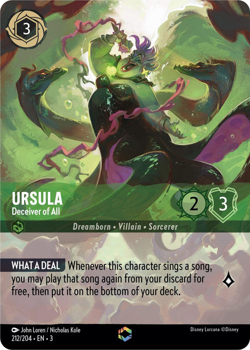 A Disney Ursula - Deceiver of All (Alternate Art) (212/204) [Into the Inklands] trading card titled "Ursula, Deceiver of All" depicts Ursula, a character with an octopus-like lower body, casting a spell. The green-bordered card shows values 2 for strength and 3 for willpower. The text box reads, "WHAT A DEAL - Whenever this character sings a song, you may play that song again from your discard for free.