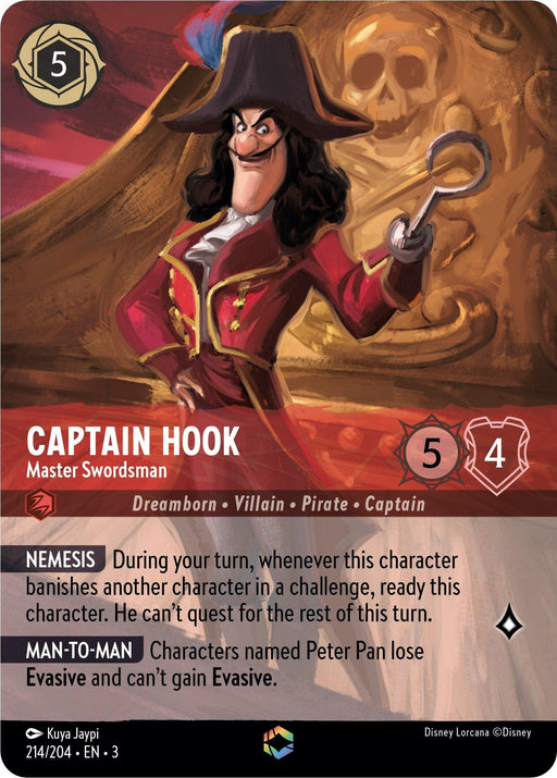 An illustrated card depicts Captain Hook, an enchanted pirate with a hook for a hand, in front of a golden pirate ship wheel. The card text highlights his abilities as "Nemesis" and "Man-to-Man." The character stats are Ink Cost 5, Strength 5, and Willpower 4. The card is part of the Disney Captain Hook - Master Swordsman (Alternate Art) (214/204) [Into the Inklands] series.