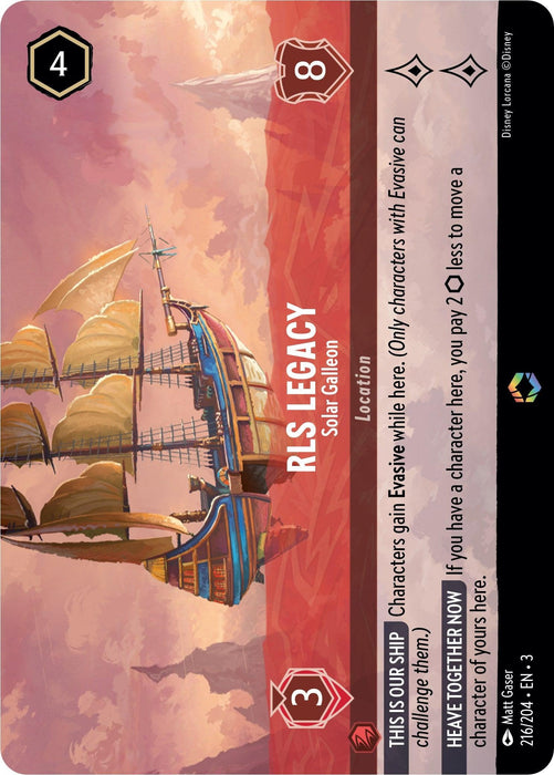 A digital card from Disney's Lorcana game featuring the RLS Legacy - Solar Galleon (Alternate Art) (216/204) [Into the Inklands], a tall ship in flight. The card has a 4 cost and 8 willpower, identifies as an enchanted location and reads "Characters gain Evasive while here. Only characters with Evasive can challenge them." It features colorful geometric graphics.