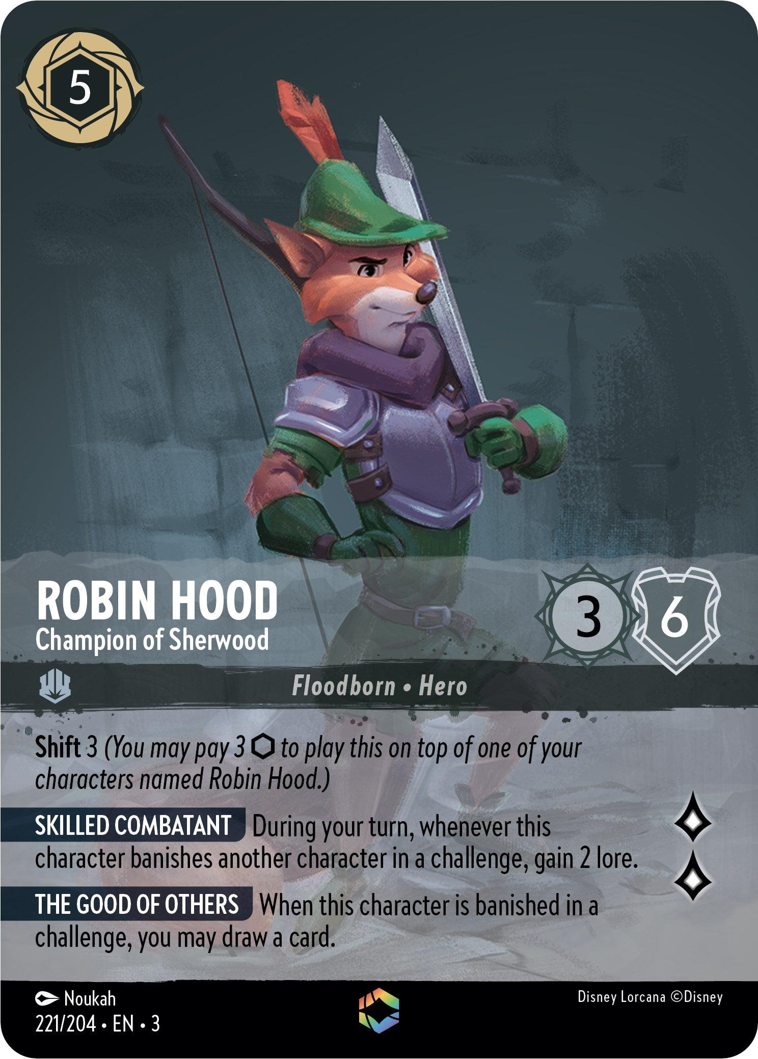 A Disney Lorcana trading card featuring Robin Hood, a fox in medieval attire with a green hat, bow, and quiver. Dubbed the 