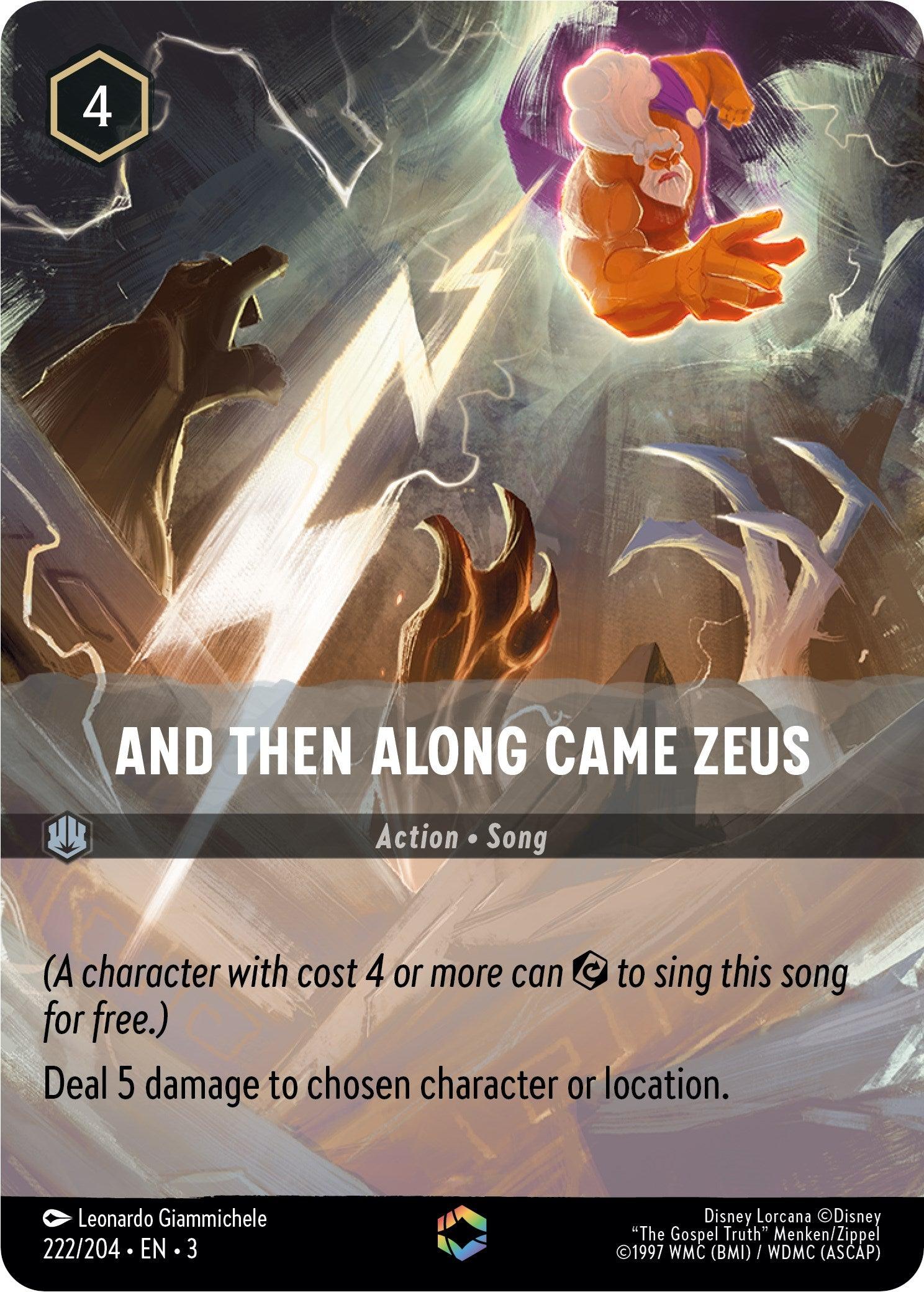 A card from Disney's Lorcana featuring a scene with Zeus casting a bright, enchanted lightning bolt from his hand. The title 