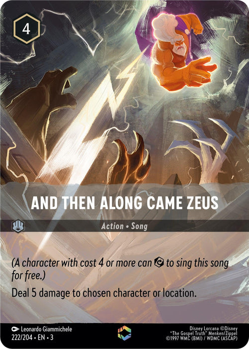 A card from Disney's Lorcana featuring a scene with Zeus casting a bright, enchanted lightning bolt from his hand. The title "And Then Along Came Zeus (Alternate Art) (222/204) [Into the Inklands]" is in bold at the center. Below, the text reads: "(A character with Cost Ink 4 or more can tap to sing this song for free.) Deal 5 damage to chosen character or location.