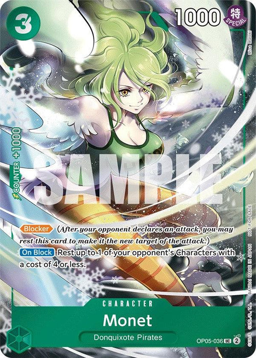 A trading card featuring Monet from the Donquixote Pirates. Monet has green hair, wings, and wears a green outfit. The uncommon card has a value of 3, a power of 1000, and special abilities detailed under "Blocker" and "On Block." Labeled "OP05-036" from the One Piece Promotion Cards series by Bandai, it is marked with "SAMPLE".