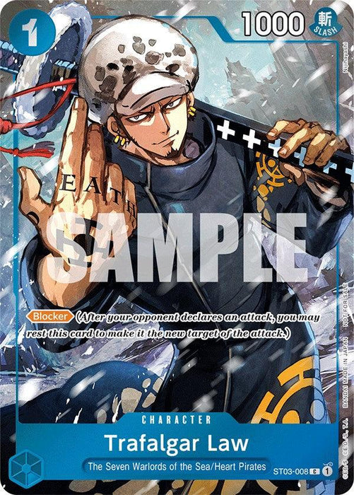 A trading card featuring Trafalgar Law, a character with a serious expression, wearing a hat with a spotted pattern and holding a sword. This Trafalgar Law (Event Pack Vol. 3) [One Piece Promotion Cards] showcases his power level of 1000 and blocker ability. Text at the bottom identifies the character and includes additional attributes. This product is by Bandai.