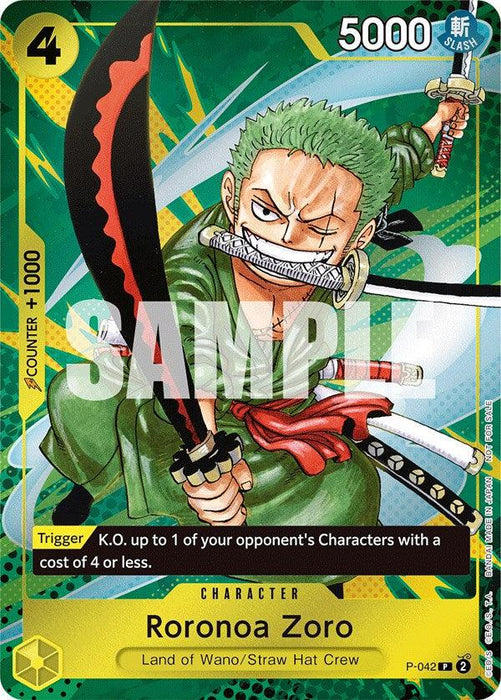 A promo trading card featuring Roronoa Zoro from One Piece. He holds a sword in each hand and a third sword in his mouth, with a fierce expression. The predominantly green and yellow card lists attributes: 5000 power, +1000 counter, and describes a trigger ability. "SAMPLE" text overlays the card. Product Name: Roronoa Zoro (Event Pack Vol. 3) [One Piece Promotion Cards], Brand Name: Bandai