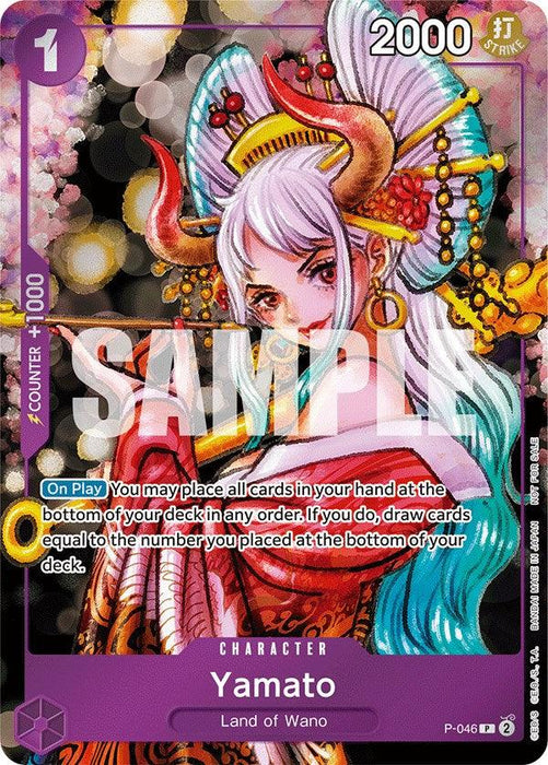 A promo trading card featuring Yamato from the One Piece Promotion Cards with the subtitle "Land of Wano." The card has a magenta border and a counter value of +1000. Yamato is depicted with long white and red hair, adorned with horns and traditional Japanese attire, boasting a power value of 2000. This product is known as Yamato (Event Pack Vol. 3) [One Piece Promotion Cards] by Bandai.