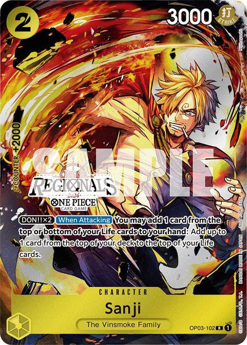 A Sanji (Online Regional 2024) [Participant] [One Piece Promotion Cards] featuring Sanji from the Vinsmoke Family in One Piece Promotion Cards. The 2024 Release card has a yellow border, "2" for power, and "3000" attack points. Sanji is depicted in a dynamic pose with flames around him. It includes text detailing his abilities and card effects, with a "REGIONALS" logo and "SAMPLE.