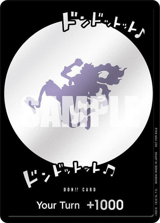 A Bandai DON!! Card (Gear 5) [One Piece Promotion Cards] with a white circle in the center and a dark silhouette of a person playing drums in the middle. Japanese characters, musical notes, and "SAMPLE" are overlaid on the illustration. This One Piece Promotion Card has text at the bottom that reads "Your Turn +1000.