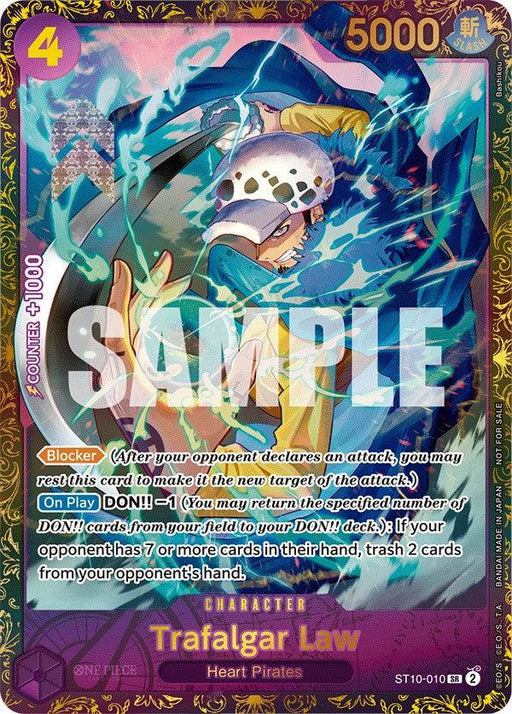 An illustrated trading card shows Trafalgar Law, a character from the One Piece series. The super rare card has a purple border and yellow cost indicator of 4 at the top left. The character is surrounded by vibrant, swirling energy. Card details and traits are listed at the bottom. "SAMPLE" is watermarked across the image of Trafalgar Law (ST10-010) [One Piece Promotion Cards] by Bandai.