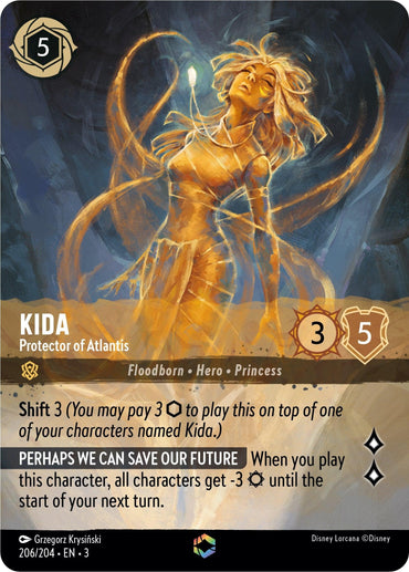 The image showcases a captivating Disney Lorcana trading card, "Kida - Protector of Atlantis (Alternate Art) (206/204) [Into the Inklands]." In a dynamic pose with glowing energy around her, she costs 5, has 3 strength and 5 willpower, detailing her impressive game-changing abilities.