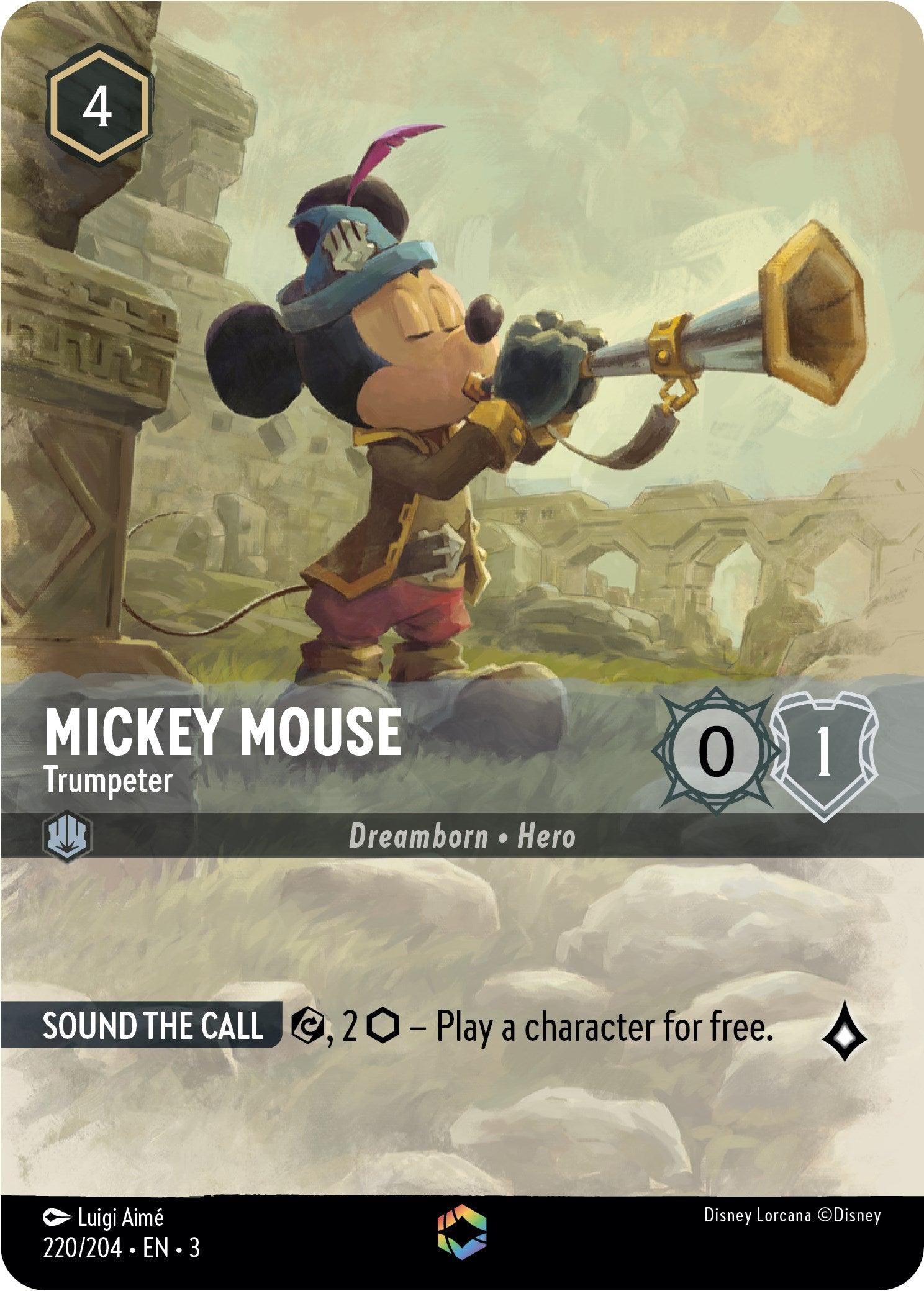 A card from the Disney Lorcana game features Mickey Mouse as an enchanted trumpeter. The design shows him in an adventurous outfit with an eyepatch, blowing a trumpet. Text on the card reads: 