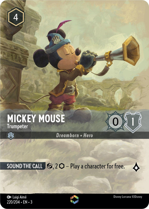 A card from the Disney Lorcana game features Mickey Mouse as an enchanted trumpeter. The design shows him in an adventurous outfit with an eyepatch, blowing a trumpet. Text on the card reads: "Mickey Mouse, Trumpeter. Dreamborn Hero. Sound the Call. Play a character for free." Card number: Mickey Mouse -Trumpeter (Alternate Art) (220/204) [Into the Inklands].