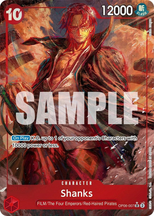 A trading card featuring Shanks (Alternate Art) [Wings of the Captain] from Bandai, part of the Ultimate Deck. The card has "10" cost, "12000" power, and a special ability: "On Play: K.O. up to 1 of your opponent's Characters with 10000 power or less." The image displays Shanks in a red-themed design with his name and attributes below.