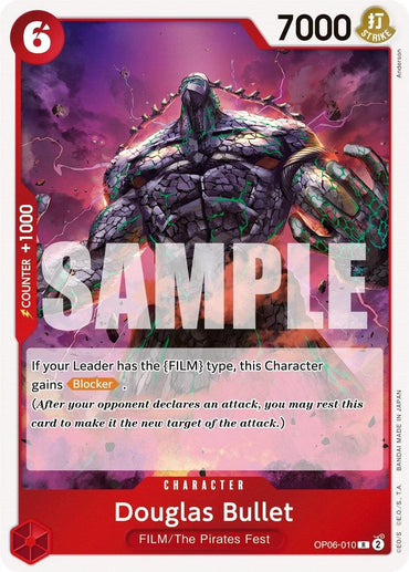 The image features a rare trading card: Douglas Bullet [Wings of the Captain] by Bandai. Bullet is depicted as a formidable armored figure against a fiery backdrop. This card, from an ultimate deck, has a power value of 7000 and includes Leader and Blocker abilities.