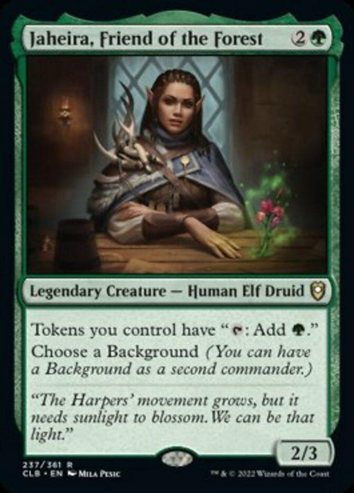 A Magic: The Gathering card named "Jaheira, Friend of the Forest" from Commander Legends: Battle for Baldur's Gate. This legendary creature showcases Jaheira, an elf druid cradling an antlered animal. Tokens you control gain 'Tap: Add Green Mana.' Choose a Background. She has a power/toughness of 2/3.

Product Name: Jaheira, Friend of the Forest [Commander Legends: Battle for Baldur's Gate]
Brand Name: Magic: The Gathering