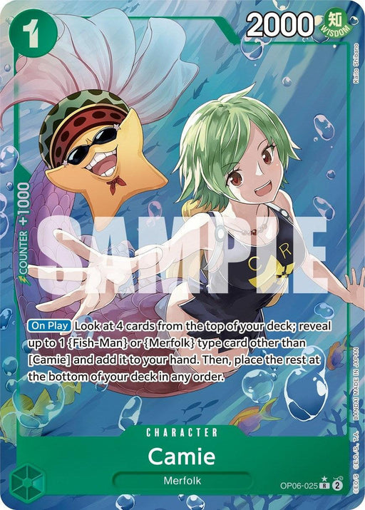 A Bandai Camie (Alternate Art) [Wings of the Captain] trading card featuring two animated characters underwater. The character on the right, labeled "Camie, Merfolk," has green hair and a light complexion, smiling and dressed in a brown outfit. The character on the left is Fish-Man, a brightly colored fish with a beak-like mouth, also smiling.