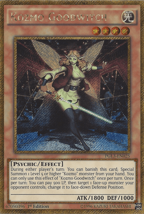 A Gold Secret Rare "Yu-Gi-Oh!" card titled Kozmo Goodwitch [PGL3-EN025] Gold Secret Rare features a witch holding a wand with a green aura, standing in front of a spaceship. This Psychic/Effect Monster boasts 1800 ATK and 1000 DEF, with text detailing its effects and instructions neatly displayed.