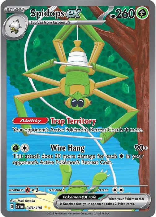 The image is a Pokémon trading card for "Spidops ex (243/198) [Scarlet & Violet: Base Set]" with 260 HP from the Pokémon Scarlet & Violet: Base Set. The Grass Type card displays Spidops, a green spider-like creature hanging upside down from a web. It features the abilities "Trap Territory" and the attack "Wire Hang." The illustrator is Miki Tanaka and its number is 243/198.