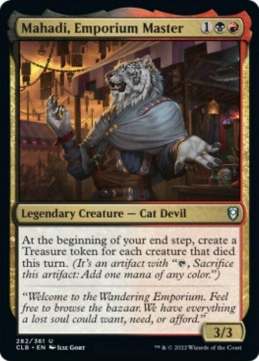 Image of a Magic: The Gathering card titled "Mahadi, Emporium Master [Commander Legends: Battle for Baldur's Gate]" from Magic: The Gathering. This Legendary Creature - Cat Devil costs one generic mana, one black mana, and one red mana. The text box has special abilities, and the artwork displays a humanoid tiger-like creature in elaborate attire.