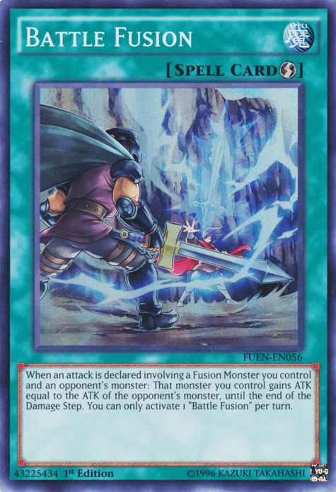 The "Battle Fusion [FUEN-EN056] Super Rare" Quick Play Spell card from Yu-Gi-Oh! depicts a warrior wielding a sword and shield, emanating energy as he faces off against a dragon-like creature among rocks and glowing magical elements. This Spell Card includes intricate effects tailored for dueling enthusiasts.