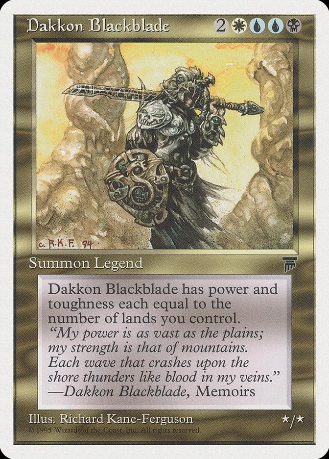 A Magic: The Gathering card titled "Dakkon Blackblade [Chronicles]," featuring a Legendary Creature and Human Warrior. It depicts an armored figure wielding a massive sword and shield, standing on rugged terrain. The text box highlights Dakkon's power and toughness as dependent on controlled lands, with artwork by Richard Kane-Ferguson.