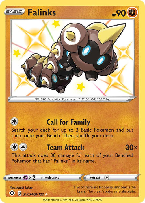 Image of a Pokémon Trading Card featuring Falinks (SV074/SV122) [Sword & Shield: Shining Fates] from the Pokémon brand. The card shows an image of Falinks, a group of small, marching spherical creatures with horns and eyes. This Fighting-type Ultra Rare card includes two abilities: "Call for Family" and "Team Attack," has 90 HP, and is identified as SV074/SV122.