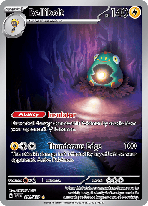 A Pokémon card depicts Bellibolt, an electric-type character from the Scarlet & Violet series. Bellibolt appears frog-like with blue-green skin, a yellow belly, and glowing electric orbs on its sides. The Illustration Rare card includes its HP (140), abilities (Insulator and Thunderous Edge), and other game-related stats and details. The product name is Bellibolt (201/197) [Scarlet & Violet: Obsidian Flames] by Pokémon.