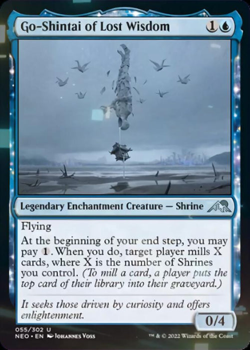 A "Magic: The Gathering" card named Go-Shintai of Lost Wisdom [Kamigawa: Neon Dynasty]. The blue Legendary Enchantment Creature - Shrine has a casting cost of 1 colorless and 1 blue mana, features flying, and boasts 0/4 power/toughness. Its abilities mill cards based on the number of Shrines controlled.