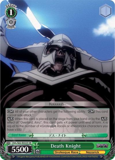 The image features a "Weiss Schwarz" trading card named "Death Knight (OVL/S62-E032S SR) [Nazarick: Tomb of the Undead]," a Super Rare card from the Nazarick: Tomb of the Undead series by Bushiroad. The sinister figure in dark armor with a skull mask emits a menacing aura. With 5500 power, 1 soul, and 1 cost, this green-bordered card contains special abilities and text in English and Japanese.