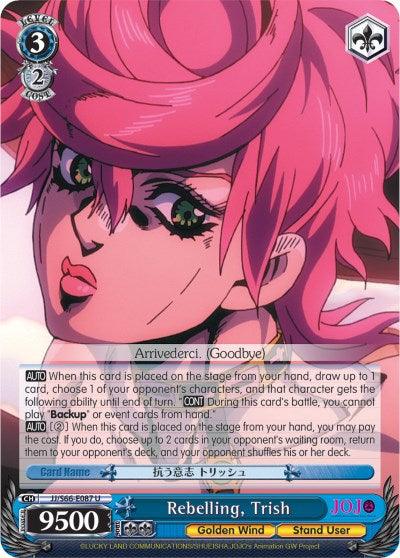 A trading card with anime-style art featuring a pink-haired character inspired by JoJo's Bizarre Adventure: Golden Wind. The top left shows a crown symbol with 