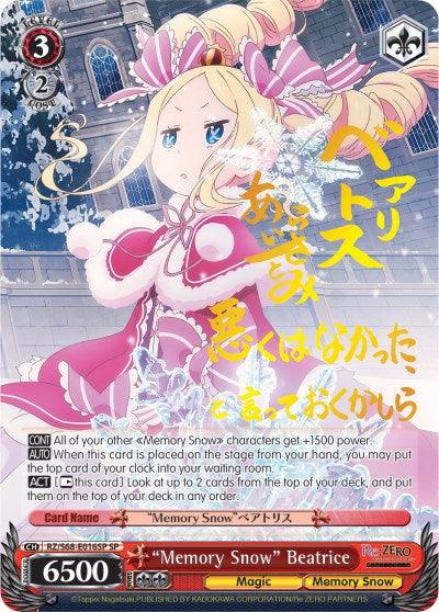 This "Memory Snow" Beatrice character card from Bushiroad's Re:ZERO series features a blonde figure in a pink dress surrounded by swirling Memory Snow. It includes stats and abilities set against a red and white background.