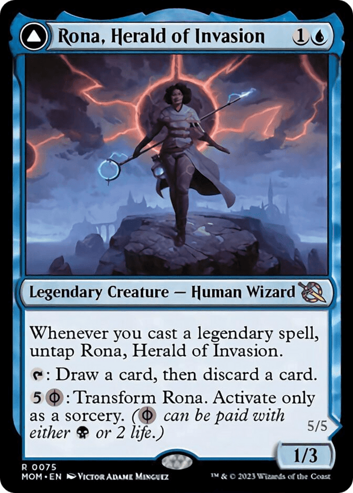 A Magic: The Gathering card titled "Rona, Herald of Invasion // Rona, Tolarian Obliterator [March of the Machine]." This Legendary Creature, a Human Wizard, wields a glowing blue orb in one hand and a scepter in the other. Set against cloudy mountains and ruins, this card’s abilities and cost are detailed along with its 1/3 power/toughness rating from the March of the Machine set.