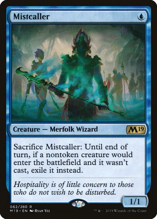 A Magic: The Gathering product titled "Mistcaller [Core Set 2019]," a rare blue card featuring a shadowy Creature Merfolk Wizard in a mystical setting with silhouettes of other figures. The card's abilities are detailed, and it has a power/toughness of 1/1. The artist is Ryan Yee, and it’s from the Core Set 2019.