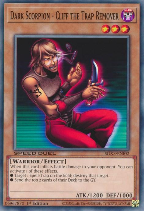 A "Yu-Gi-Oh!" Effect Monster card featuring "Dark Scorpion - Cliff the Trap Remover [SGX3-ENI02] Common." The character is a muscular, long-haired man with glasses and a red sleeveless shirt, holding a dagger. With 1200 ATK and 1000 DEF, this Common card can destroy a spell/trap and send the top two cards of the opponent's deck to the grave.