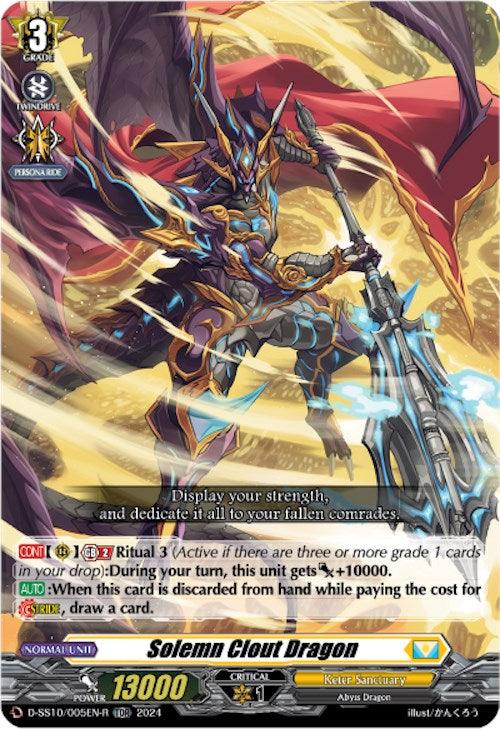 A colorful, action-packed card from the card game series Cardfight!! Vanguard features "Solemn Clout Dragon (TDR) (D-SS10/005EN-R) [Stride Deckset -Luard-]" from Bushiroad. It showcases a powerful dragon knight wielding a large spear and shield, donning gold and purple armor. The card details and statistics are displayed at the bottom.