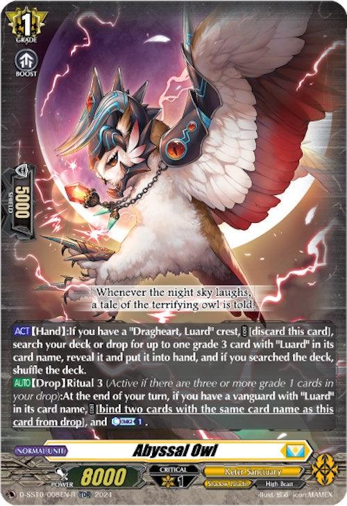 A trading card featuring Abyssal Owl (TDR) (D-SS10/008EN-R) [Stride Deckset -Luard-] from "Cardfight!! Vanguard." Depicted is an owl with armor and a red cape holding a key in its talons. Part of the Shadow Paladin Trial Deck, the card boasts grade 1, power 8000, shield 5000, critical 1, and various abilities. Mystical elements glow in the background. This product is by Bushiroad.