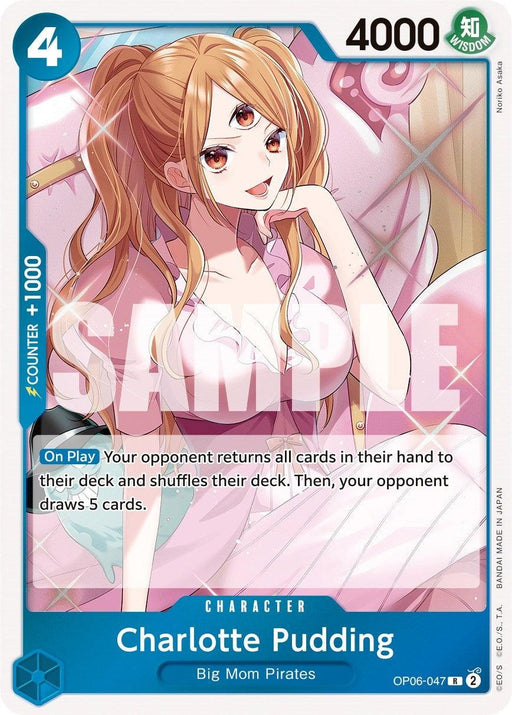 A rare character card featuring Charlotte Pudding from the Big Mom Pirates in the One Piece universe. Pudding has three eyes and long light-brown hair, wearing a white dress. The card, Charlotte Pudding [Wings of the Captain] by Bandai, with a blue border and power of 4000, details her abilities in the game. "SAMPLE" is overlaid in large white letters.