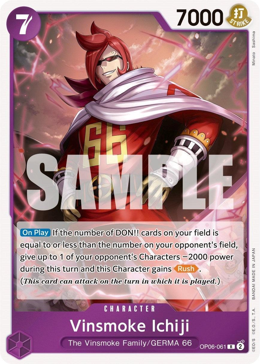 A trading card from Bandai featuring the Vinsmoke Ichiji [Wings of the Captain] character from the One Piece Card Game. He is depicted in a red suit with gold shoulder accents and wears sunglasses. The card has a power of 7000 and a cost of 7, with text detailing the character's ability, and it is marked with 