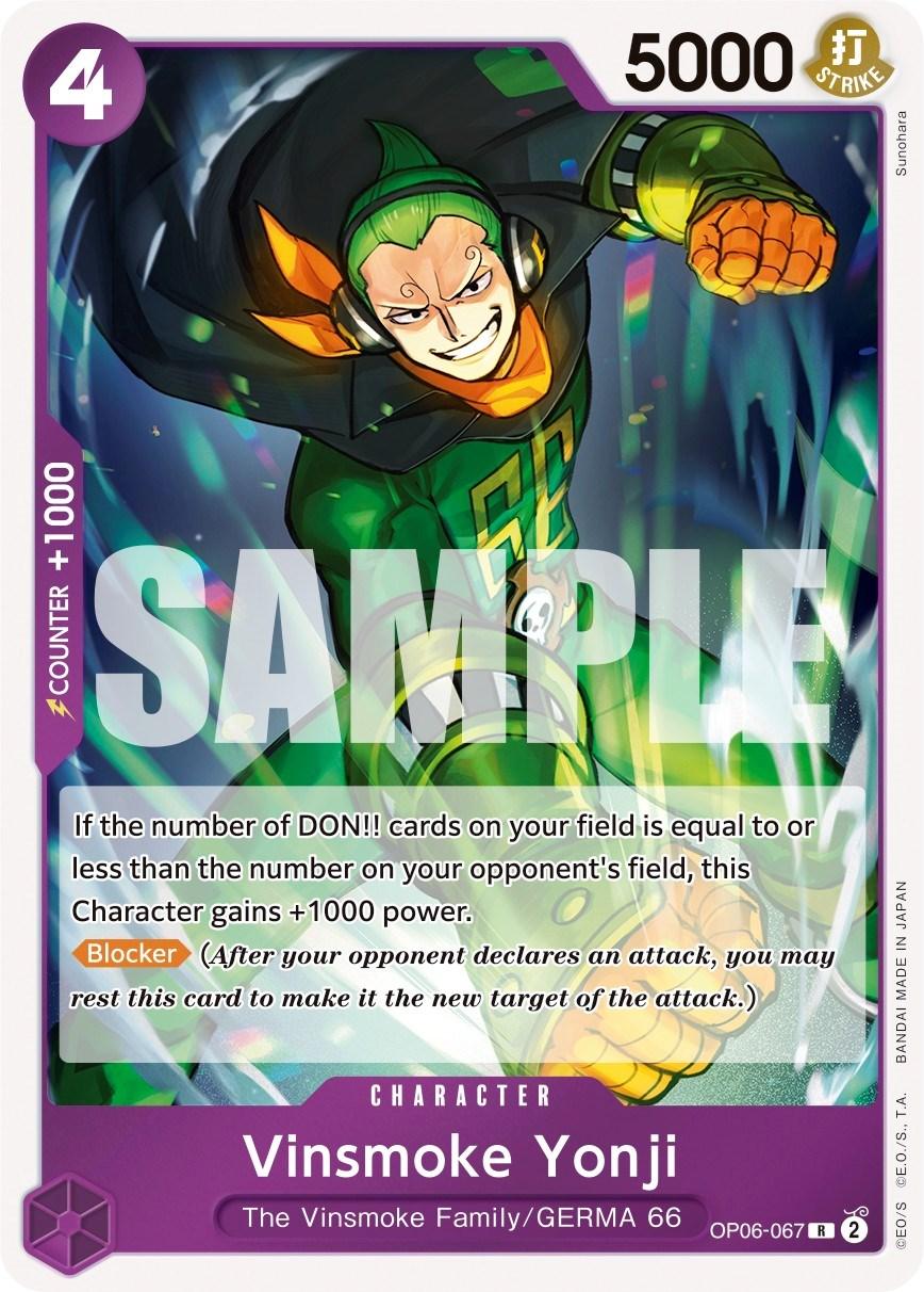 The image is of a rare Vinsmoke Yonji [Wings of the Captain] trading card from the One Piece Card Game by Bandai. The card shows a character in a green and yellow suit, smiling confidently. With 5000 power, a 1K counter, and a special ability description, this Blocker Character has 