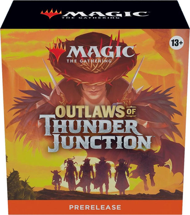 A brightly colored box showing artwork for "Magic: The Gathering – Outlaws of Thunder Junction." The front features a masked figure in a wide-brimmed hat, surrounded by silhouettes of five other characters. Ideal for ages 13 and up, this Magic: The Gathering Outlaws of Thunder Junction - Prerelease Pack has "Prerelease" written at the bottom.