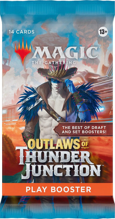 Packaging of "Outlaws of Thunder Junction - Play Booster Pack" featuring "Magic: The Gathering." The cover art depicts a character dressed in ornate, feathered accessories, and the package mentions it contains 14 cards and is suitable for ages 13 and up.