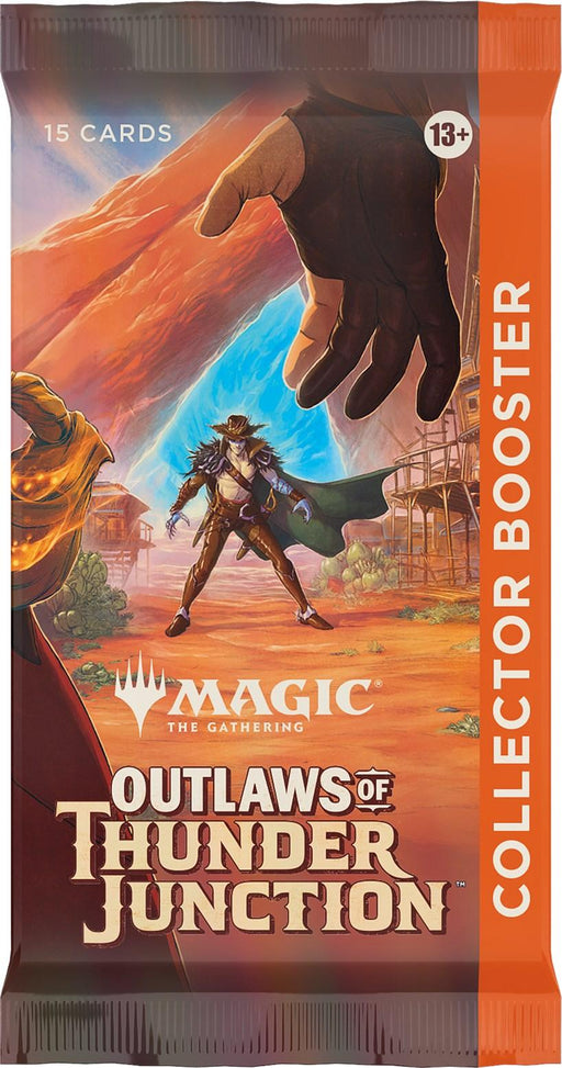A Magic: The Gathering Outlaws of Thunder Junction - Collector Booster Pack. The pack artwork showcases a cowboy-like figure in an arid, rugged landscape, with a shadowy gloved hand reaching towards him. It contains 15 cards and is suitable for ages 13 and up.