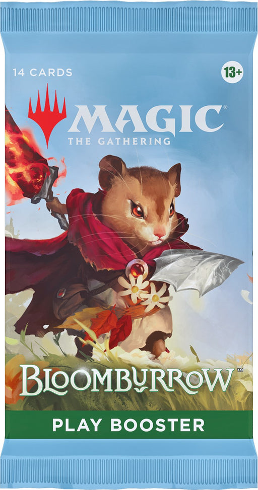 A sealed Bloomburrow - Play Booster Pack from Magic: The Gathering, showcasing a mouse warrior equipped with a sword and fire wand, clad in red cape and armor. The pack displays the text "14 cards," "Magic: The Gathering," "13+," and "Bloomburrow Play Boosters.