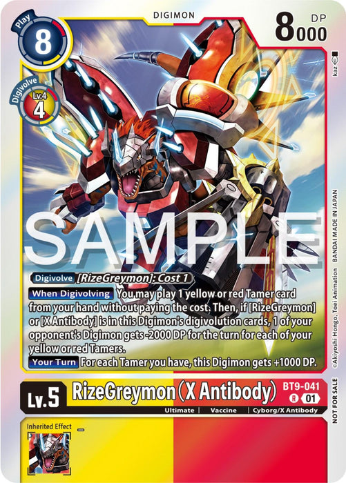 A Digimon promo trading card featuring RizeGreymon [BT9-041] (X Antibody) (Event Pack 6) [X Record Promos]. The card showcases the character's image, a mechanized dragon-like creature with red armor, yellow details, and blue energy blasts from its arms. Text details include play cost (8), DP (8000), and digivolution information.