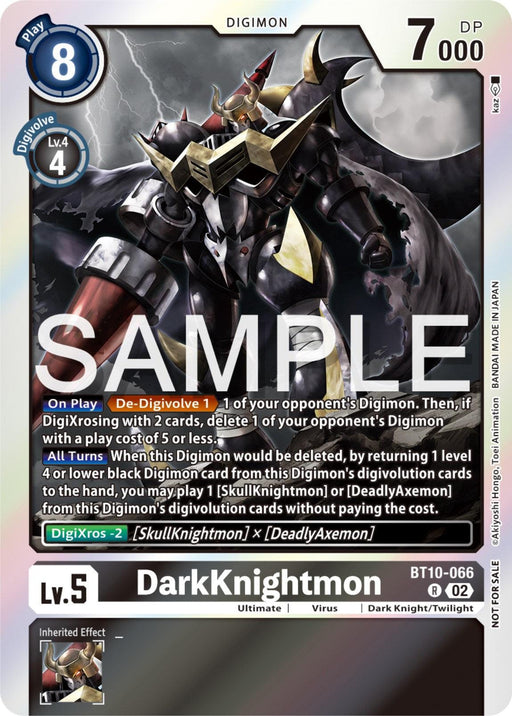 A DarkKnightmon [BT10-066] (Event Pack 6) [Xros Encounter Promos] Digimon trading card with a DIGIXROS special effect. The Xros Encounter Promos card boasts a blue border, play cost of 8, yellow Level 5 bar, 7000 DP value, and is labeled BT10-066. It showcases DarkKnightmon in armor with a sword and includes multiple in-game effects detailed below the image.