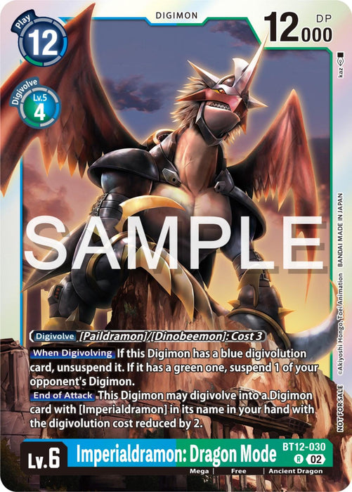 An intricate trading card featuring "Imperialdramon: Dragon Mode [BT12-030] (Event Pack 6) [Across Time Promos]" from the Digimon series. The card displays detailed artwork of an ancient dragon-like creature with a visor, wings, and metallic armor. The card has various stats including "12,000 DP" and a description of abilities. The word "SAMPLE" is overlaid on the image.