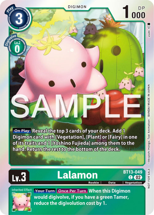 A Digimon promo card featuring Lalamon [BT13-049] (Event Pack 6) [Versus Royal Knights Promos] by Digimon. The card shows a pink Digimon resembling a flower with round petals and small leaves. Accompanied by a green cactus-like plant, Lalamon has a sweet expression. The card details its effects, level, and attributes, with "SAMPLE" displayed across the image.