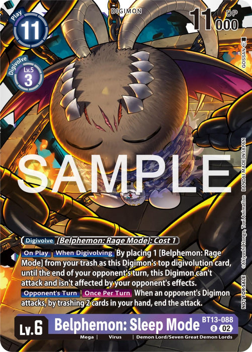 A Digimon card depicting Belphemon: Sleep Mode [BT13-088] (Event Pack 6) [Versus Royal Knights Promos]. The card displays a large, round, dark creature with a menacing face, surrounded by chains and dark energy. This Level 6 Mega boasts 11,000 DP. As part of the Digimon Versus Royal Knights Promos series, it details abilities, digivolution cost, and effects against opponents.