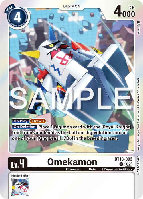 A Digimon trading card featuring Omekamon [BT13-093] (Event Pack 6) [Versus Royal Knights Promos]. This Champion-level robot-like creature boasts colorful, angular shapes in yellow, blue, and gray. The card includes play and deletion effects, showcasing Omekamon's attributes, level (4), and DP (4000). The word "SAMPLE" is overlaid in large letters.