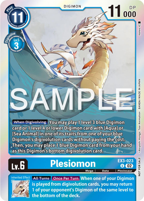 Image of a Digimon trading card featuring "Plesiomon [EX3-023] (Event Pack 6) [Draconic Roar Promos]," a plesiosaur-like sea creature with a long neck and fins. The card, part of the Draconic Roar Promos by Digimon, has a blue border and displays info such as level (6), play cost (11), DP (11000), Digivolve Cost, and special abilities. "SAMPLE" is prominently on the card.